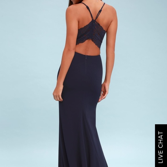 LULU’S LOVE STORY NAVY BLUE BACKLESS LACE MAXI - Picture 2 of 6